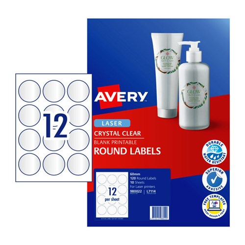Avery L7114 Round Crystal Clear Labels 12UP 60mm Dia. Pack of 10 sheets